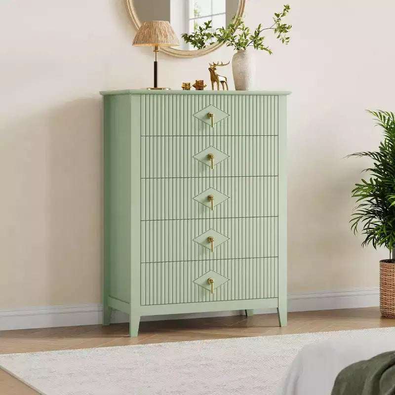 5 Drawer Dresser for Bedroom, 32W Wooden Chest of Drawers with Metal Handles, Fluted Clothes Storage Organizer, Dresser Narrow Nightstand