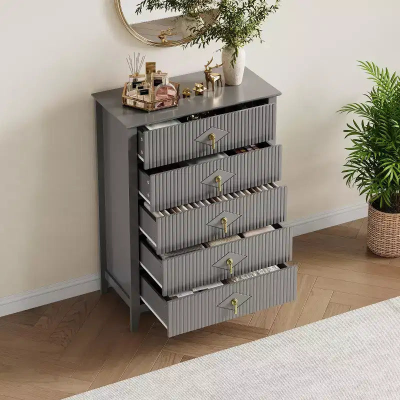 5 Drawer Dresser for Bedroom, 32W Wooden Chest of Drawers with Metal Handles, Fluted Clothes Storage Organizer, Dresser Narrow Nightstand