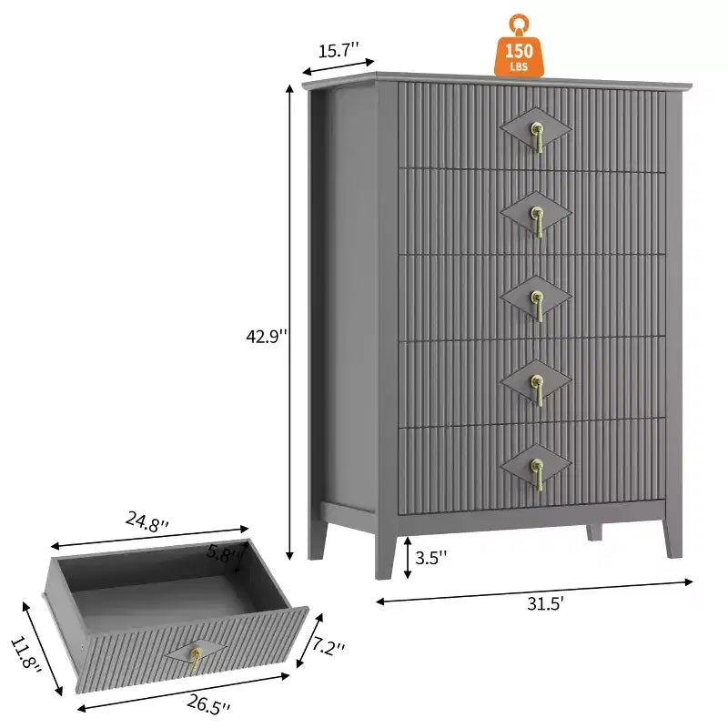 5 Drawer Dresser for Bedroom, 32W Wooden Chest of Drawers with Metal Handles, Fluted Clothes Storage Organizer, Dresser Narrow Nightstand