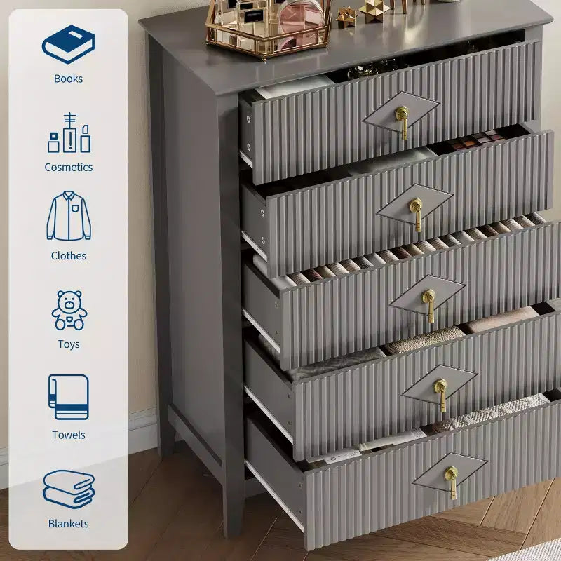 5 Drawer Dresser for Bedroom, 32W Wooden Chest of Drawers with Metal Handles, Fluted Clothes Storage Organizer, Dresser Narrow Nightstand