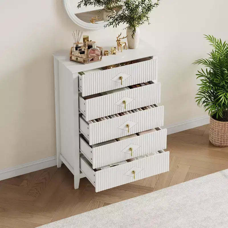 5 Drawer Dresser for Bedroom, 32W Wooden Chest of Drawers with Metal Handles, Fluted Clothes Storage Organizer, Dresser Narrow Nightstand