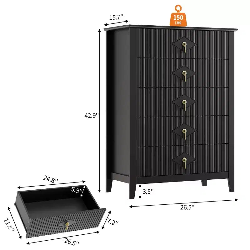 5 Drawer Dresser for Bedroom, 32W Wooden Chest of Drawers with Metal Handles, Fluted Clothes Storage Organizer, Dresser Narrow Nightstand