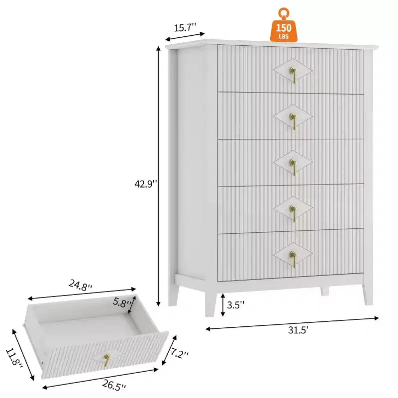 5 Drawer Dresser for Bedroom, 32W Wooden Chest of Drawers with Metal Handles, Fluted Clothes Storage Organizer, Dresser Narrow Nightstand