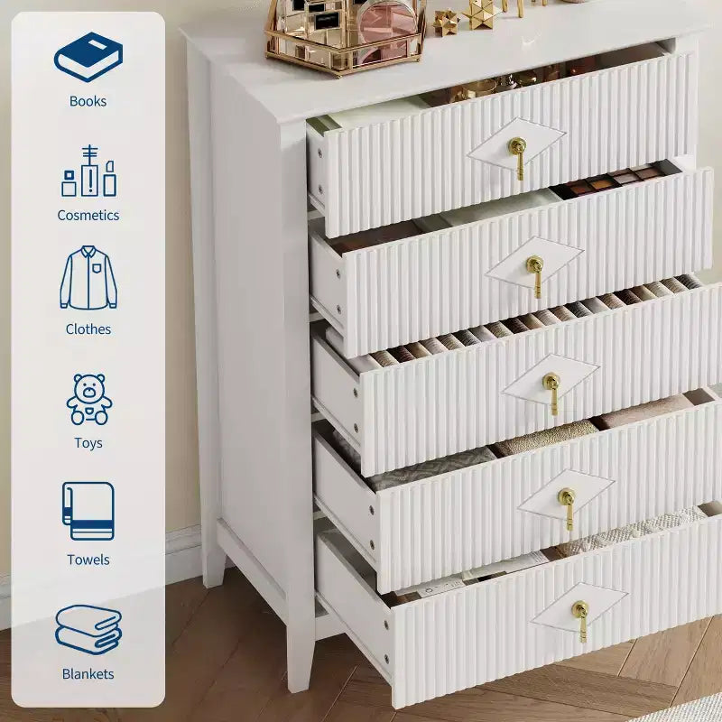 5 Drawer Dresser for Bedroom, 32W Wooden Chest of Drawers with Metal Handles, Fluted Clothes Storage Organizer, Dresser Narrow Nightstand