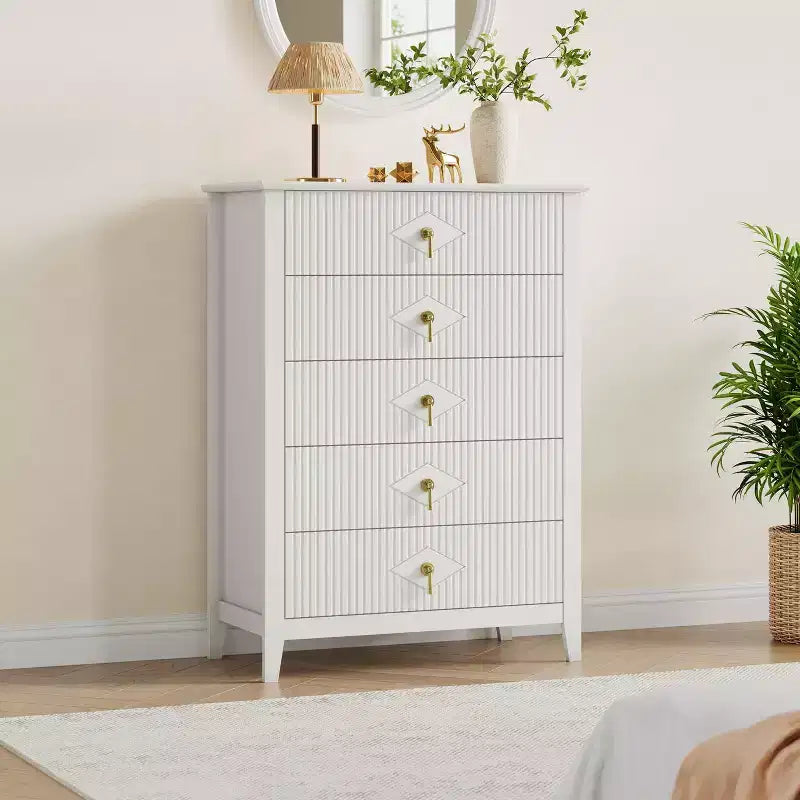 5 Drawer Dresser for Bedroom, 32W Wooden Chest of Drawers with Metal Handles, Fluted Clothes Storage Organizer, Dresser Narrow Nightstand