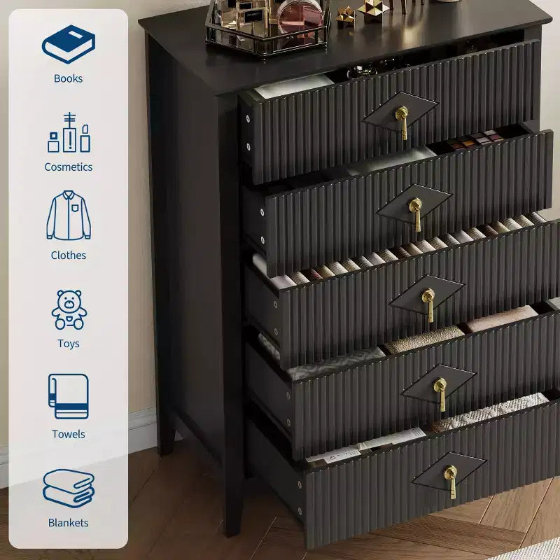 5 Drawer Dresser for Bedroom, 32W Wooden Chest of Drawers with Metal Handles, Fluted Clothes Storage Organizer, Dresser Narrow Nightstand
