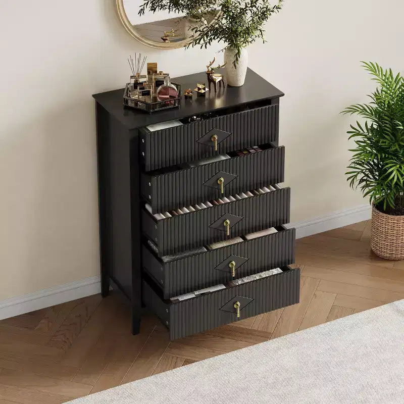 5 Drawer Dresser for Bedroom, 32W Wooden Chest of Drawers with Metal Handles, Fluted Clothes Storage Organizer, Dresser Narrow Nightstand