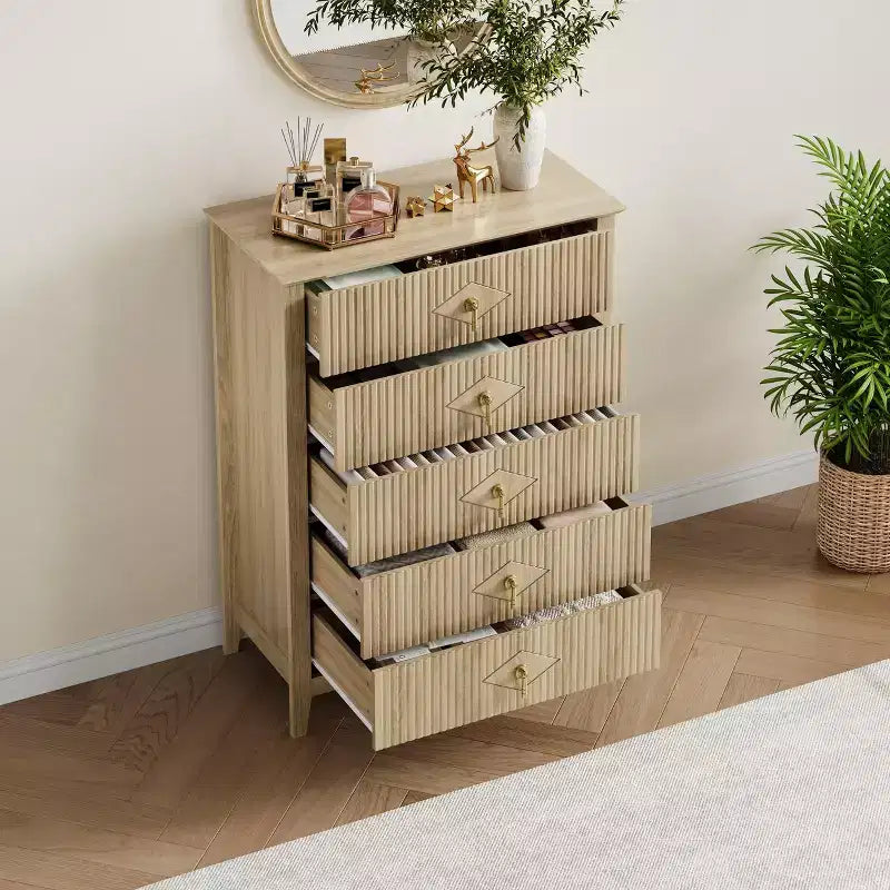 5 Drawer Dresser for Bedroom, 32W Wooden Chest of Drawers with Metal Handles, Fluted Clothes Storage Organizer, Dresser Narrow Nightstand