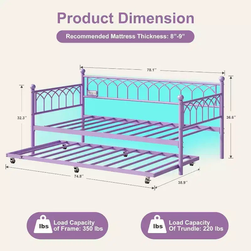 Acekool Twin Size Daybed Frame with Trundle, Metal Platform Sofa Bed with Charging Station, Space-Saving Guest Bed for Bedroom, Living Room