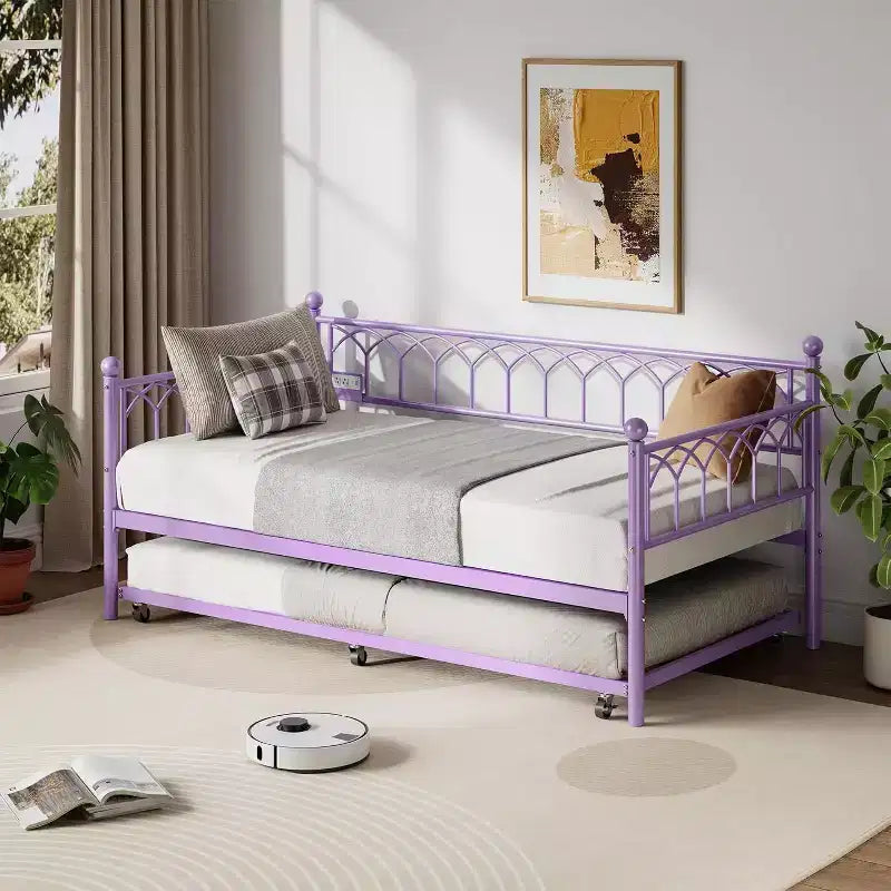 Acekool Twin Size Daybed Frame with Trundle, Metal Platform Sofa Bed with Charging Station, Space-Saving Guest Bed for Bedroom, Living Room