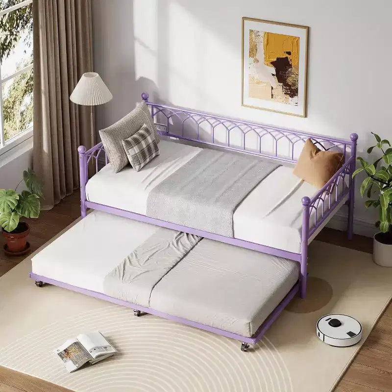 Acekool Twin Size Daybed Frame with Trundle, Metal Platform Sofa Bed with Charging Station, Space-Saving Guest Bed for Bedroom, Living Room