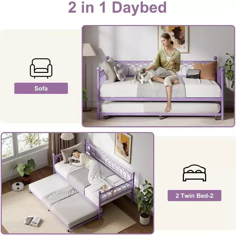 Acekool Twin Size Daybed Frame with Trundle, Metal Platform Sofa Bed with Charging Station, Space-Saving Guest Bed for Bedroom, Living Room