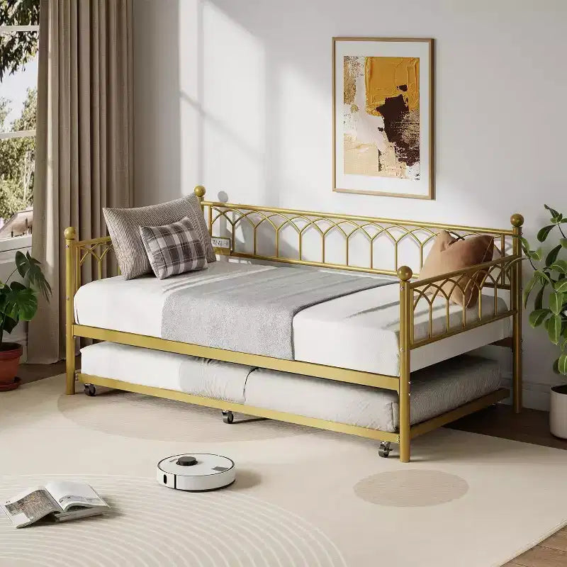 Acekool Twin Size Daybed Frame with Trundle, Metal Platform Sofa Bed with Charging Station, Space-Saving Guest Bed for Bedroom, Living Room