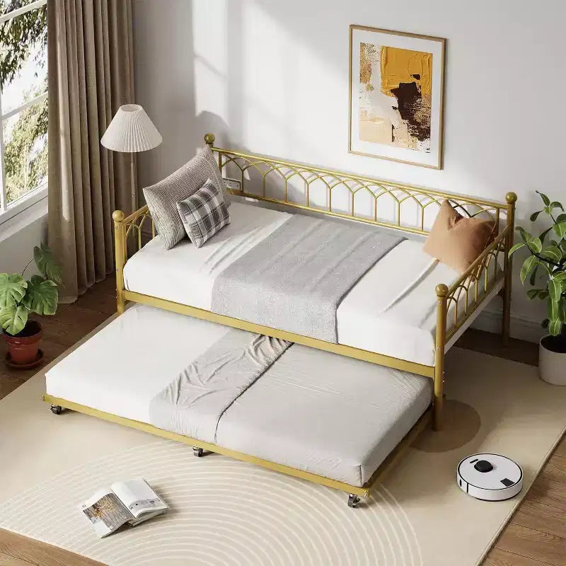 Acekool Twin Size Daybed Frame with Trundle, Metal Platform Sofa Bed with Charging Station, Space-Saving Guest Bed for Bedroom, Living Room