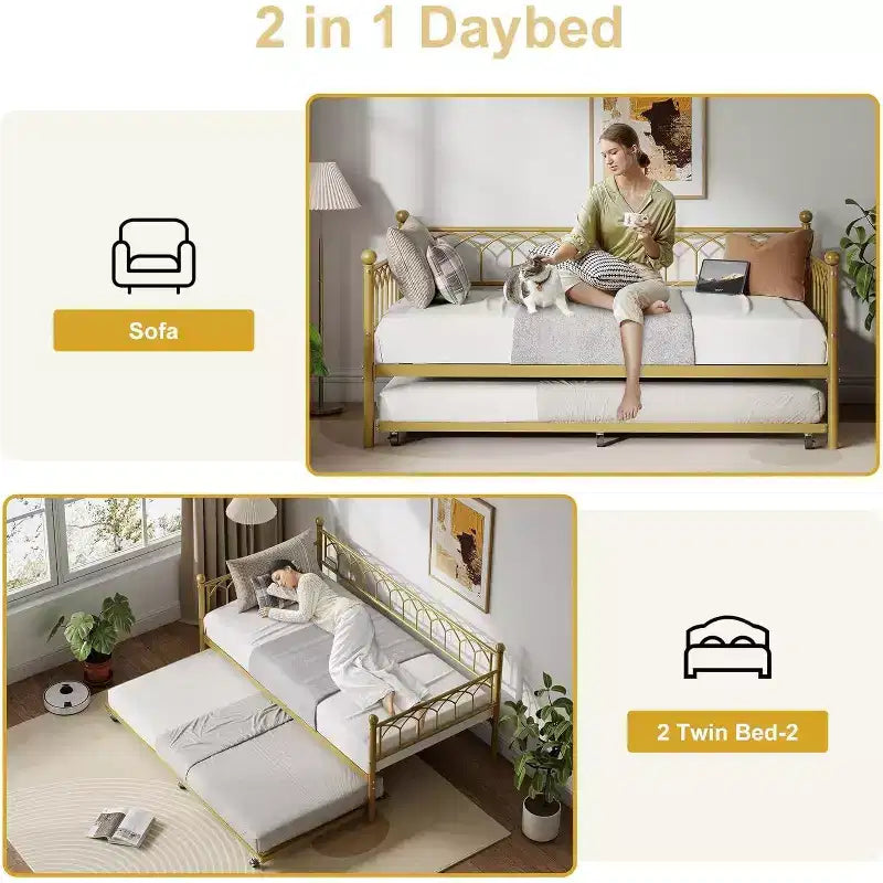 Acekool Twin Size Daybed Frame with Trundle, Metal Platform Sofa Bed with Charging Station, Space-Saving Guest Bed for Bedroom, Living Room