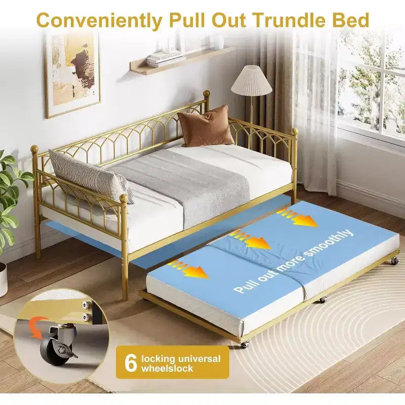 Acekool Twin Size Daybed Frame with Trundle, Metal Platform Sofa Bed with Charging Station, Space-Saving Guest Bed for Bedroom, Living Room