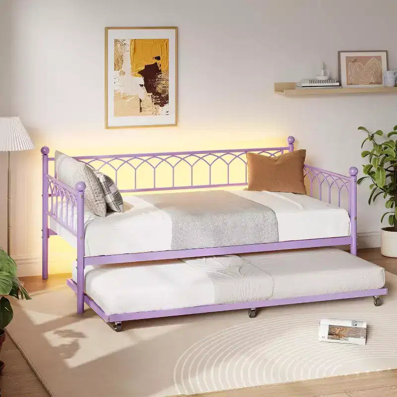 Acekool Twin Size Daybed Frame with Trundle, Metal Platform Sofa Bed with Charging Station, Space-Saving Guest Bed for Bedroom, Living Room