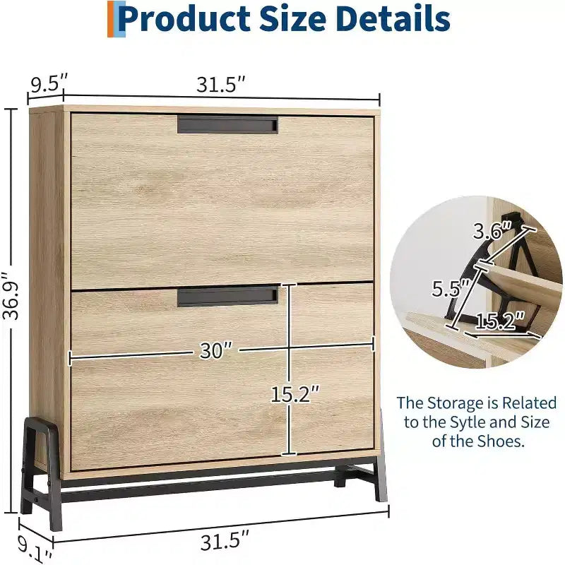Acekool Oak Shoe Cabinet - 2 Flip-Drawer Storage Organizer with Metal Legs for Entryway & Hallway