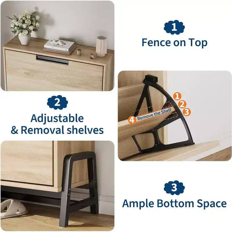 Acekool Oak Shoe Cabinet - 2 Flip-Drawer Storage Organizer with Metal Legs for Entryway & Hallway