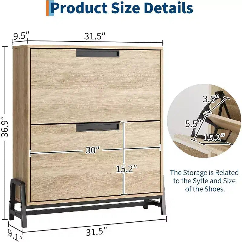 Acekool Oak Shoe Cabinet - 2 Flip-Drawer Storage Organizer with Metal Legs for Entryway & Hallway