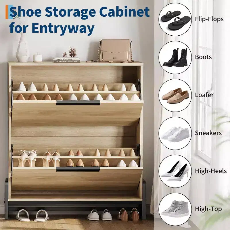 Acekool Oak Shoe Cabinet - 2 Flip-Drawer Storage Organizer with Metal Legs for Entryway & Hallway