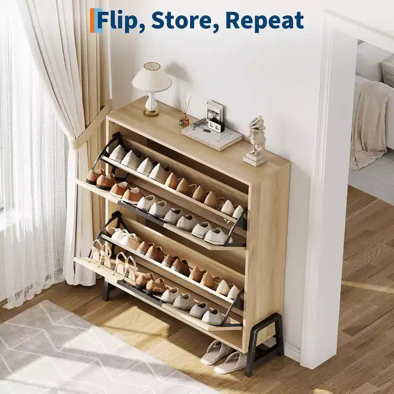 Acekool Oak Shoe Cabinet - 2 Flip-Drawer Storage Organizer with Metal Legs for Entryway & Hallway