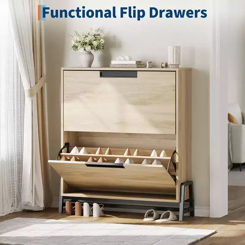 Acekool Oak Shoe Cabinet - 2 Flip-Drawer Storage Organizer with Metal Legs for Entryway & Hallway