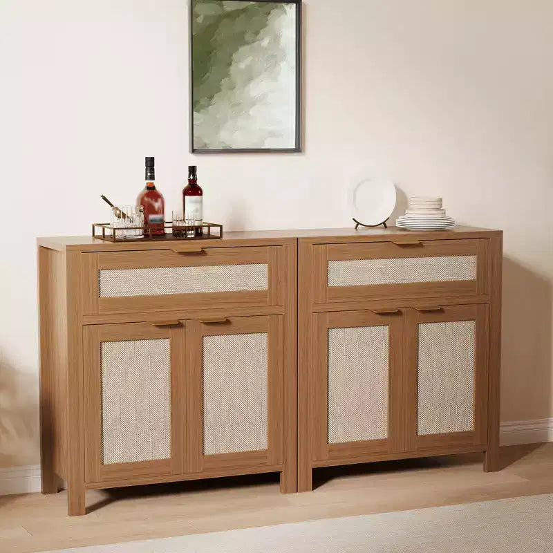 Sideboard Buffet Cabinet with Storage, Rattan Cabinet with Drawer and Door Accent with Adjustable Shelves Bar Console Table for Living Room Kitchen