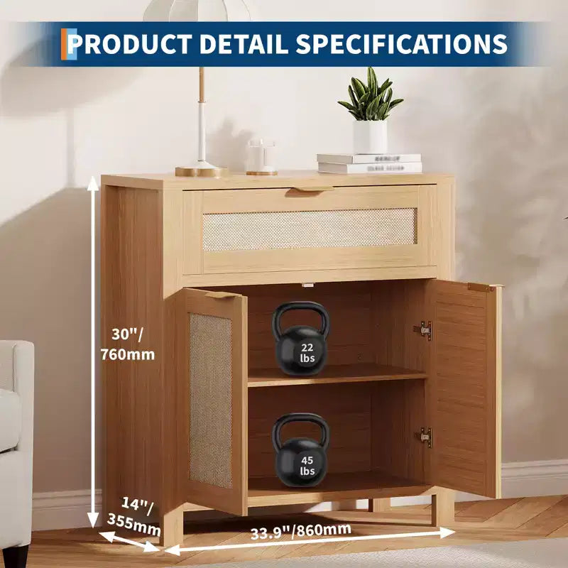 Sideboard Buffet Cabinet with Storage, Rattan Cabinet with Drawer and Door Accent with Adjustable Shelves Bar Console Table for Living Room Kitchen