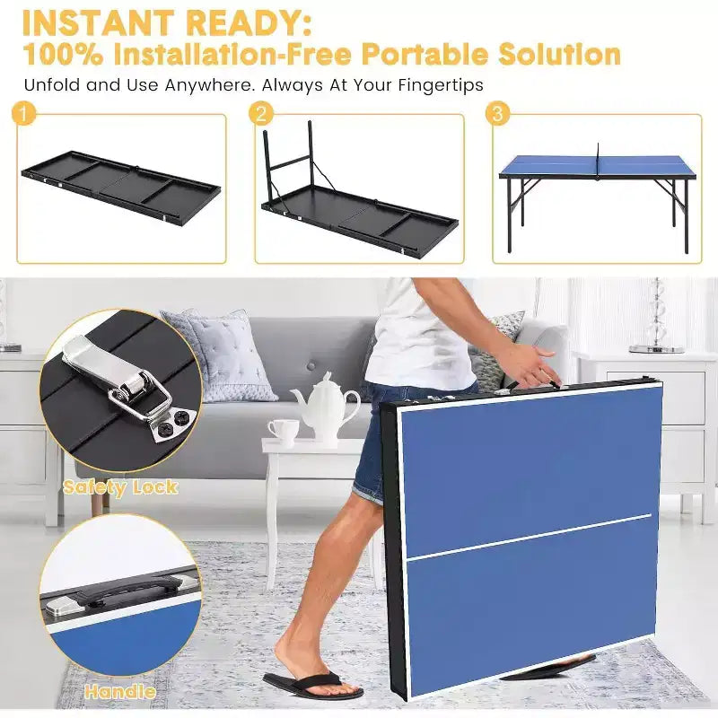 Acekool Portable Table Tennis Game Set with Demountable Nylon Net, 2 Paddles & 3 Balls, Waterproof Aluminum Ping Pong Table, Blue
