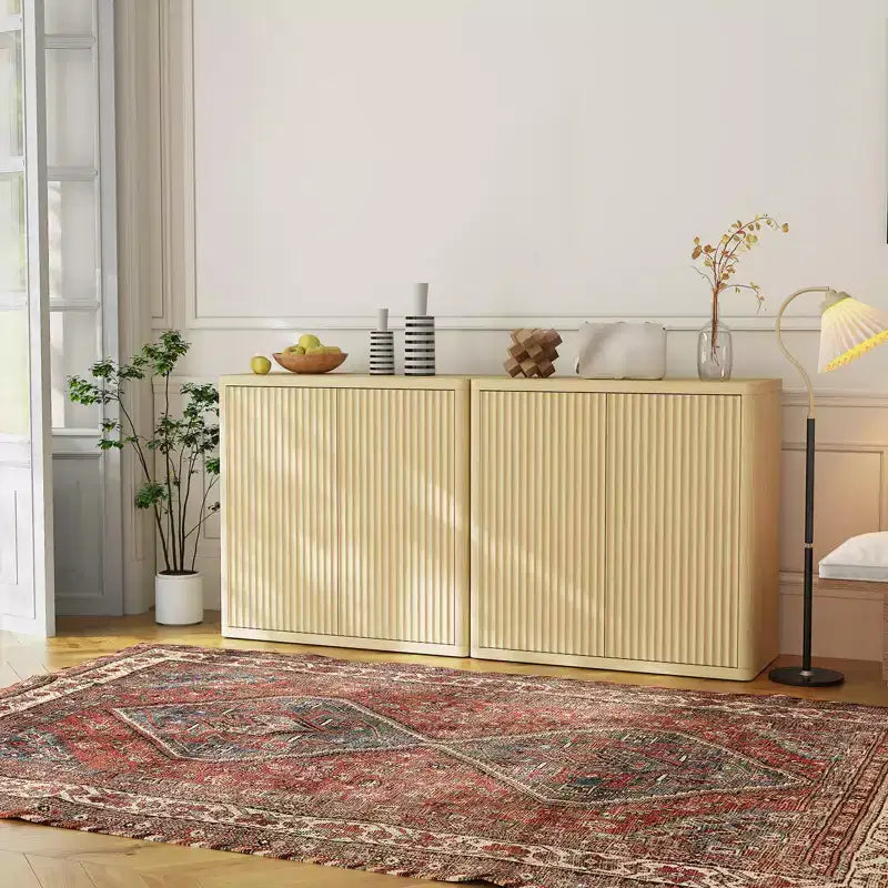 34 Sideboard Buffet Cabinet, Fluted Entryway Coffee Bar Cabinet, Wooden Floor Cupboard with Adjustable Shelves, Media Console Table for Living Room
