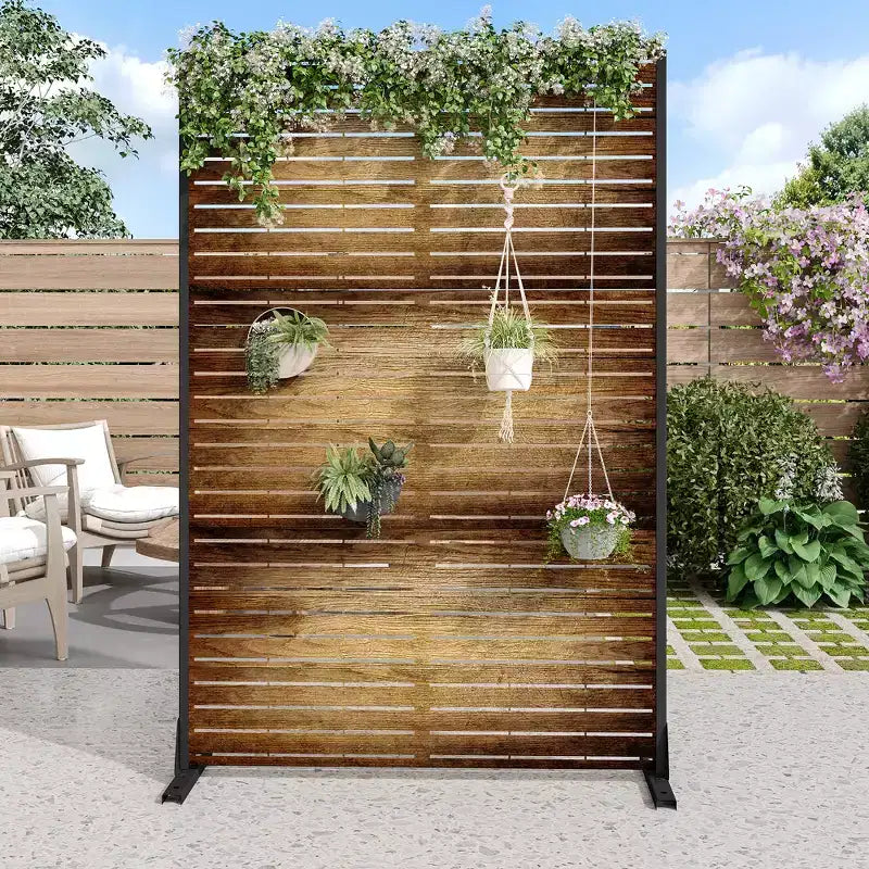 MAYEERTY 72 inch Room Divider with Galvanized Frame Wood Gain Privacy Screen Garden Fence Patio Brown