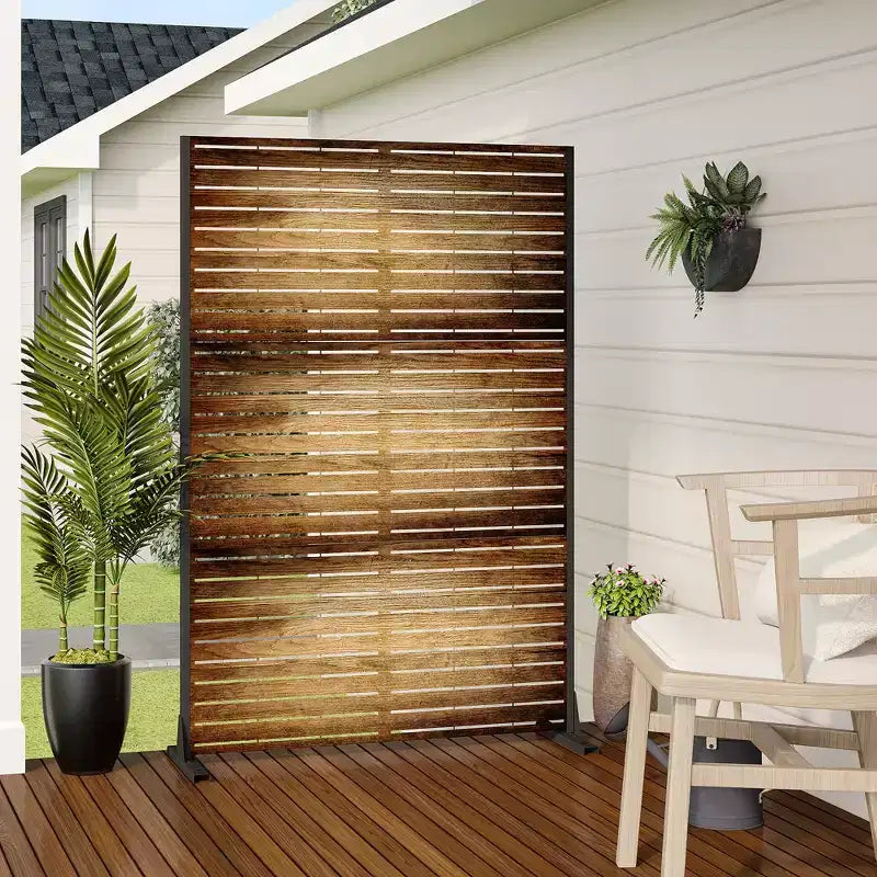 MAYEERTY 72 inch Room Divider with Galvanized Frame Wood Gain Privacy Screen Garden Fence Patio Brown