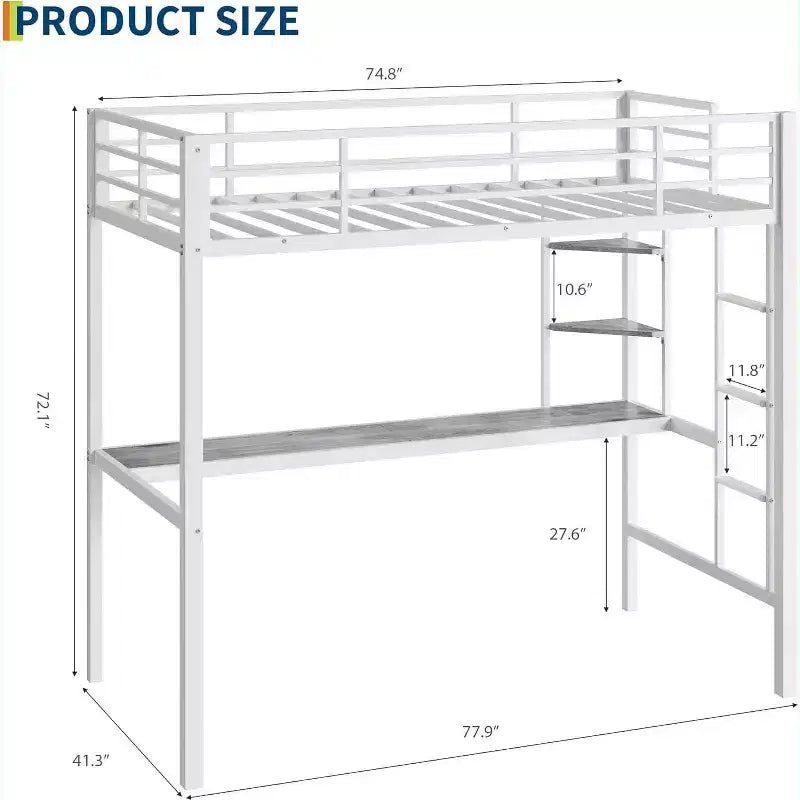 Acekool Twin Size Metal Loft Bed with Desk and Storage Shelves, Guardrail & Ladder, Space-Saving Bed for Kids Teens Adults, White/Black