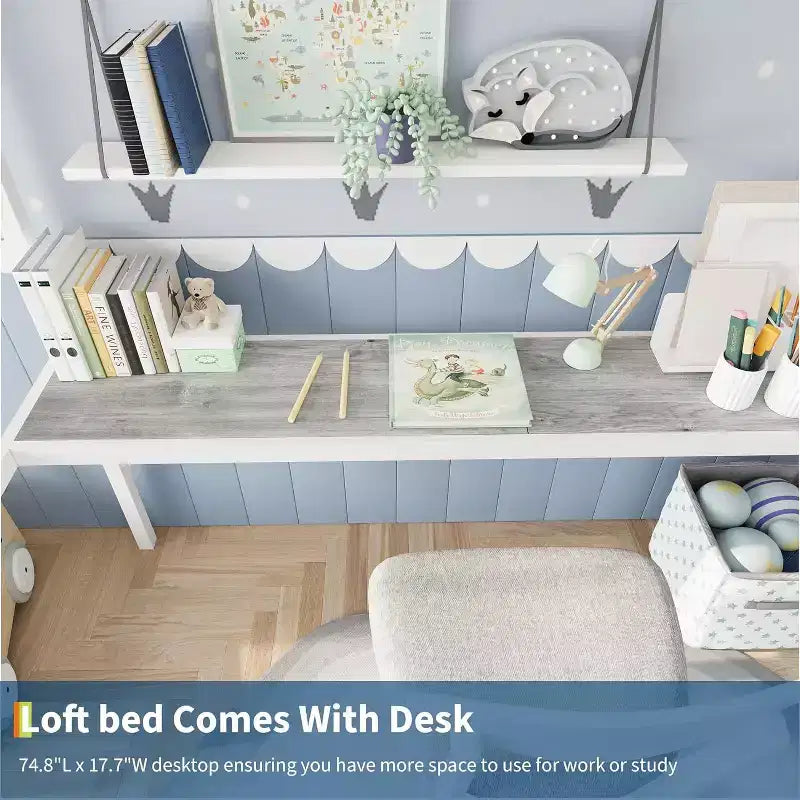 Acekool Twin Size Metal Loft Bed with Desk and Storage Shelves, Guardrail & Ladder, Space-Saving Bed for Kids Teens Adults, White/Black