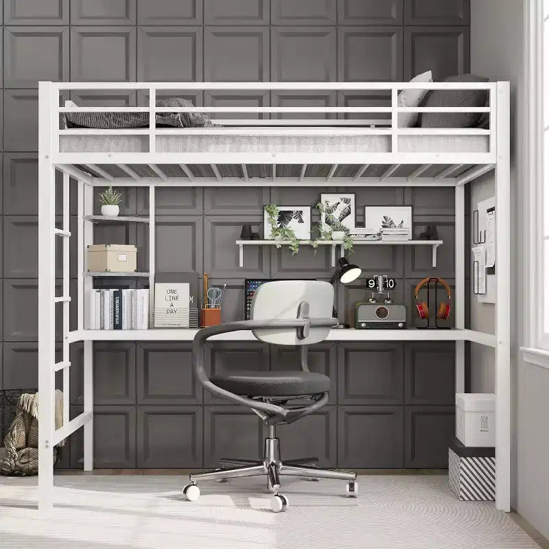 Acekool Twin Size Metal Loft Bed with Desk and Storage Shelves, Guardrail & Ladder, Space-Saving Bed for Kids Teens Adults, White/Black