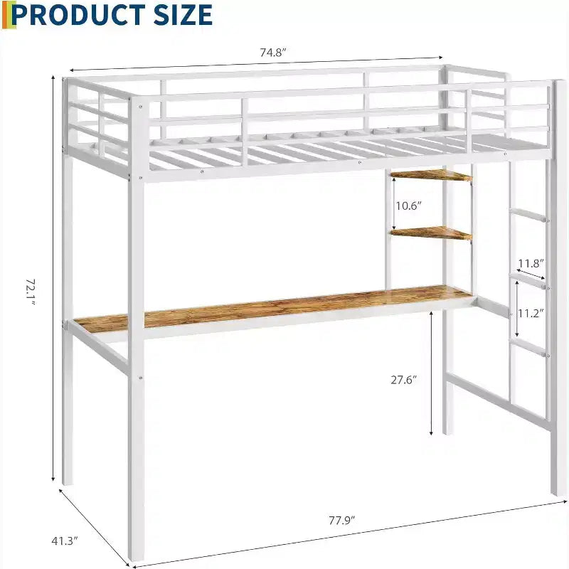 Acekool Twin Size Metal Loft Bed with Desk and Storage Shelves, Guardrail & Ladder, Space-Saving Bed for Kids Teens Adults, White/Black