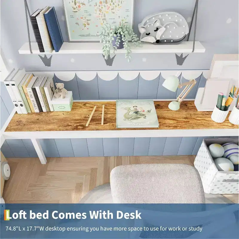 Acekool Twin Size Metal Loft Bed with Desk and Storage Shelves, Guardrail & Ladder, Space-Saving Bed for Kids Teens Adults, White/Black