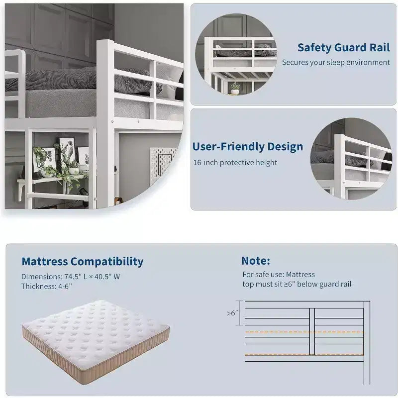 Acekool Twin Size Metal Loft Bed with Desk and Storage Shelves, Guardrail & Ladder, Space-Saving Bed for Kids Teens Adults, White/Black