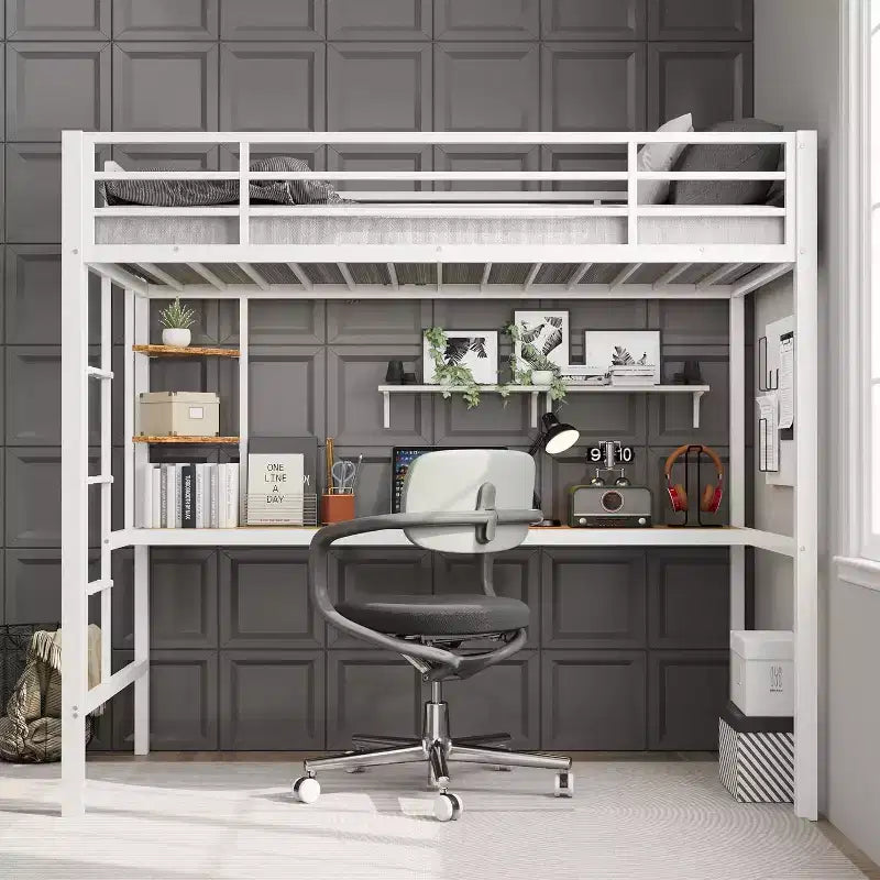 Acekool Twin Size Metal Loft Bed with Desk and Storage Shelves, Guardrail & Ladder, Space-Saving Bed for Kids Teens Adults, White/Black