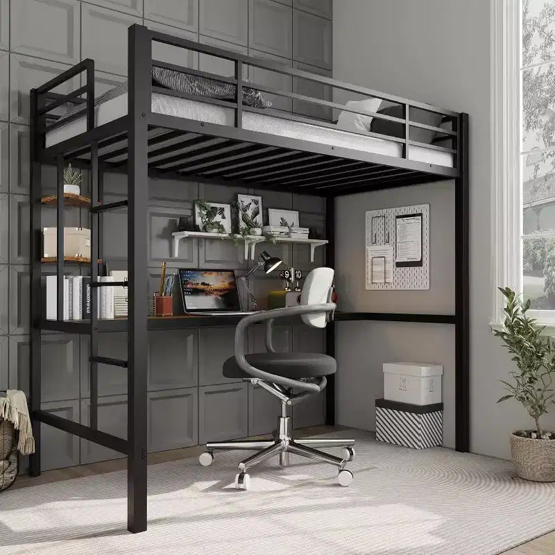 Acekool Twin Size Metal Loft Bed with Desk and Storage Shelves, Guardrail & Ladder, Space-Saving Bed for Kids Teens Adults, White/Black