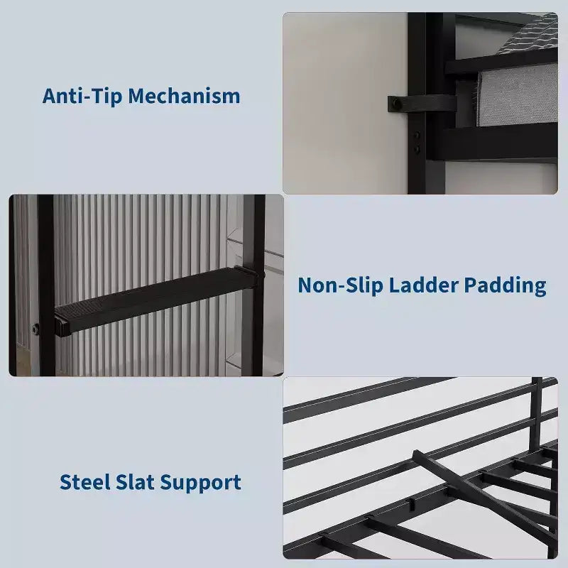 Acekool Twin Size Metal Loft Bed with Desk and Storage Shelves, Guardrail & Ladder, Space-Saving Bed for Kids Teens Adults, White/Black