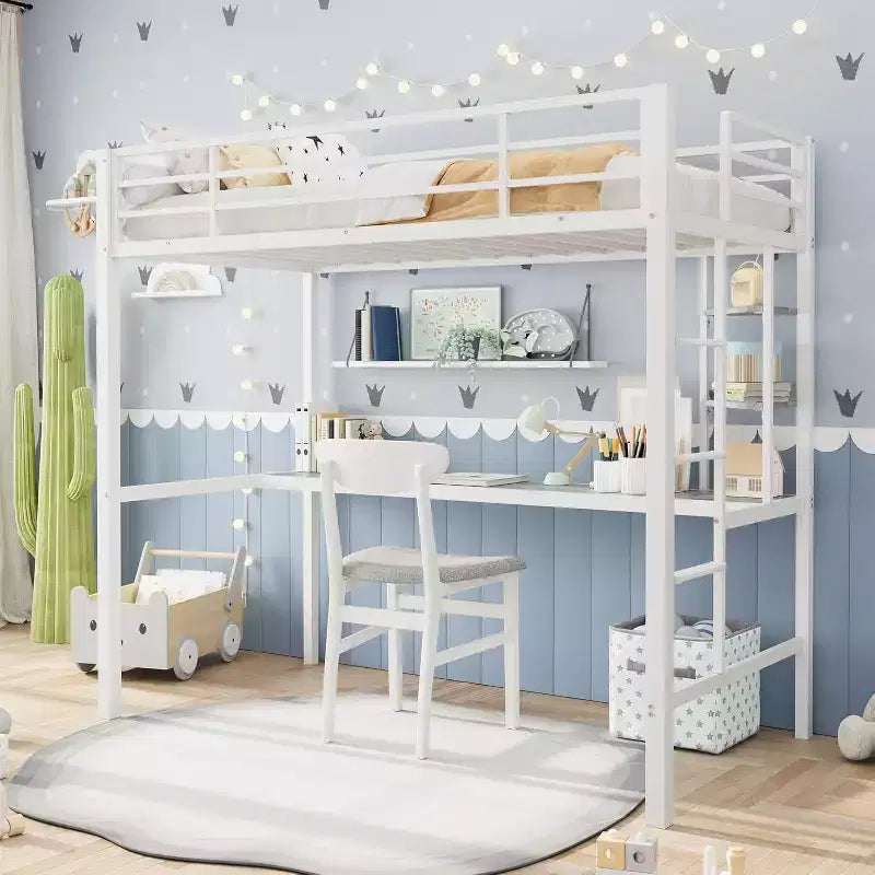 Acekool Twin Size Metal Loft Bed with Desk and Storage Shelves, Guardrail & Ladder, Space-Saving Bed for Kids Teens Adults, White/Black