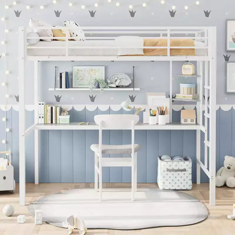 Acekool Twin Size Metal Loft Bed with Desk and Storage Shelves, Guardrail & Ladder, Space-Saving Bed for Kids Teens Adults, White/Black