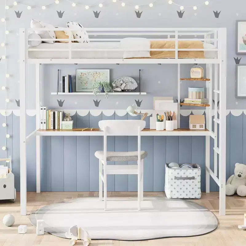 Acekool Twin Size Metal Loft Bed with Desk and Storage Shelves, Guardrail & Ladder, Space-Saving Bed for Kids Teens Adults, White/Black