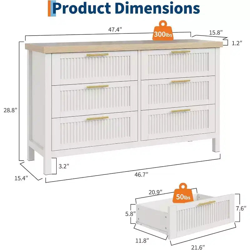 Fluted Dresser for Bedroom with 6 Drawers,Modern Chest of Drawers,Wooden Dresser TV Stand,Closet Clothes Storage Organizer for Living Room,Hallway