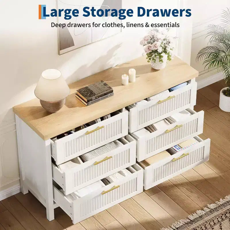 Fluted Dresser for Bedroom with 6 Drawers,Modern Chest of Drawers,Wooden Dresser TV Stand,Closet Clothes Storage Organizer for Living Room,Hallway