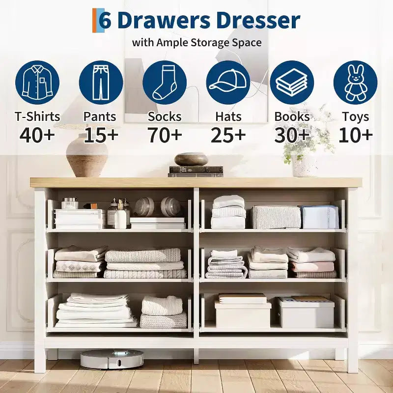 Fluted Dresser for Bedroom with 6 Drawers,Modern Chest of Drawers,Wooden Dresser TV Stand,Closet Clothes Storage Organizer for Living Room,Hallway