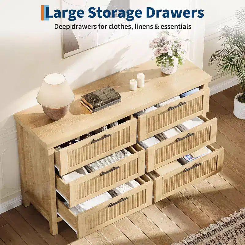 Fluted Dresser for Bedroom with 6 Drawers,Modern Chest of Drawers,Wooden Dresser TV Stand,Closet Clothes Storage Organizer for Living Room,Hallway