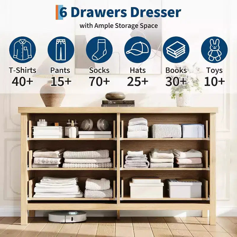 Fluted Dresser for Bedroom with 6 Drawers,Modern Chest of Drawers,Wooden Dresser TV Stand,Closet Clothes Storage Organizer for Living Room,Hallway